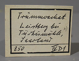 old tag for Trümmesachat Agate nodule, Leistberg, near Türkismühle, Saarland, Germany