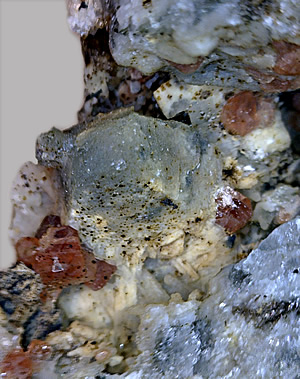 Nepheline and Eudialyte crystals on Hackmanite, Poudrette Quarry, Mont Saint-Hilaire, Rouville RCM, Montérégie, Québec, Canada